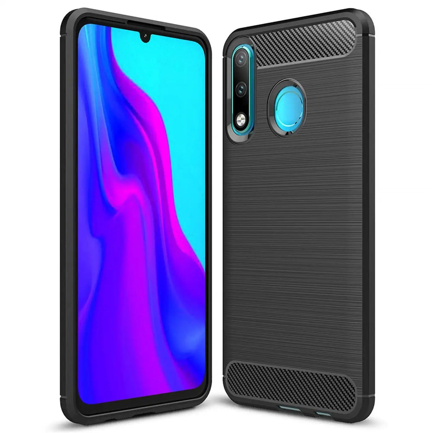 Schwarze Carbon-Hülle, von vorne und hinten, für Huawei P30 Lite.
