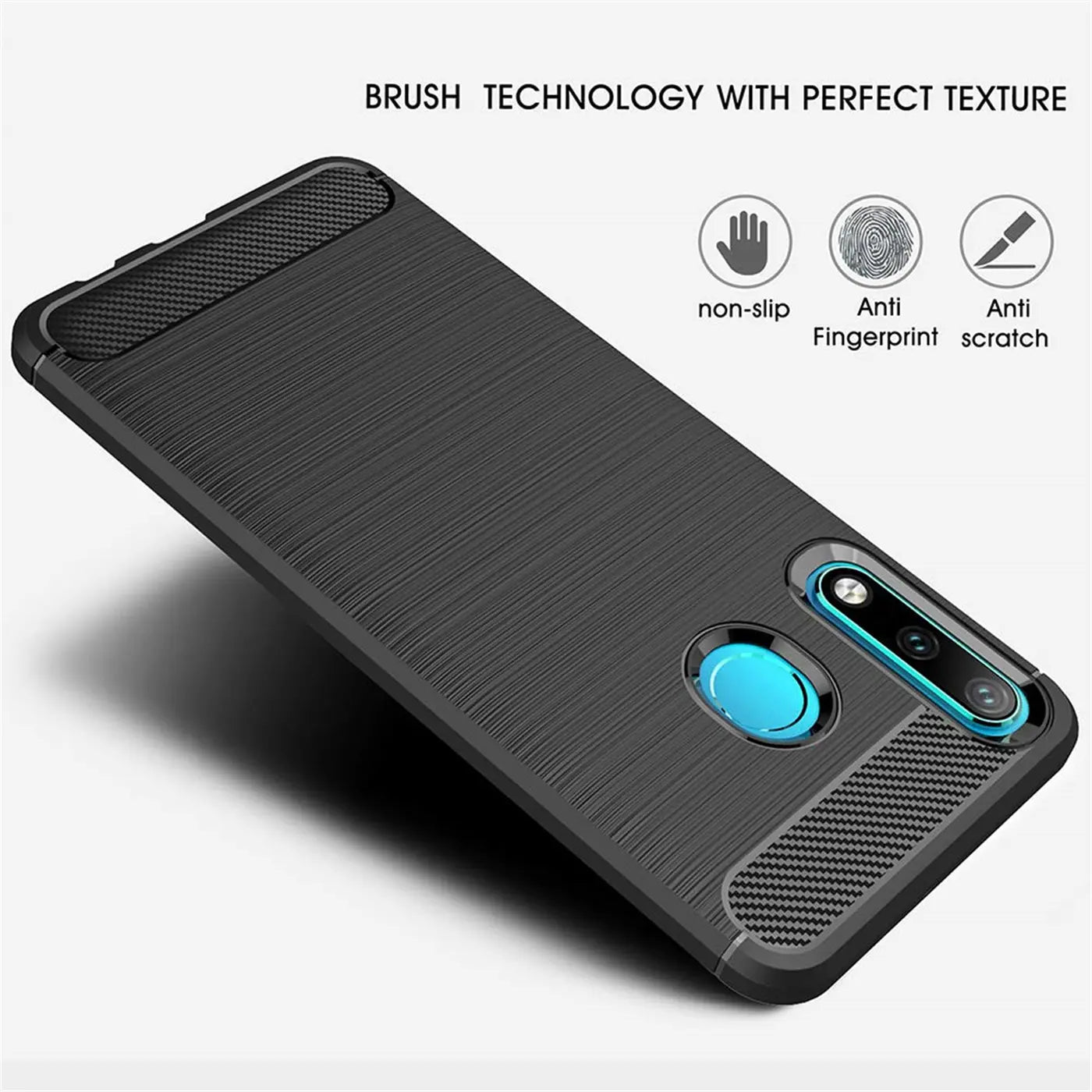 Schwarze Carbon-Hülle mit gebürsteter Textur, von schräg oben, für Huawei P30 Lite.