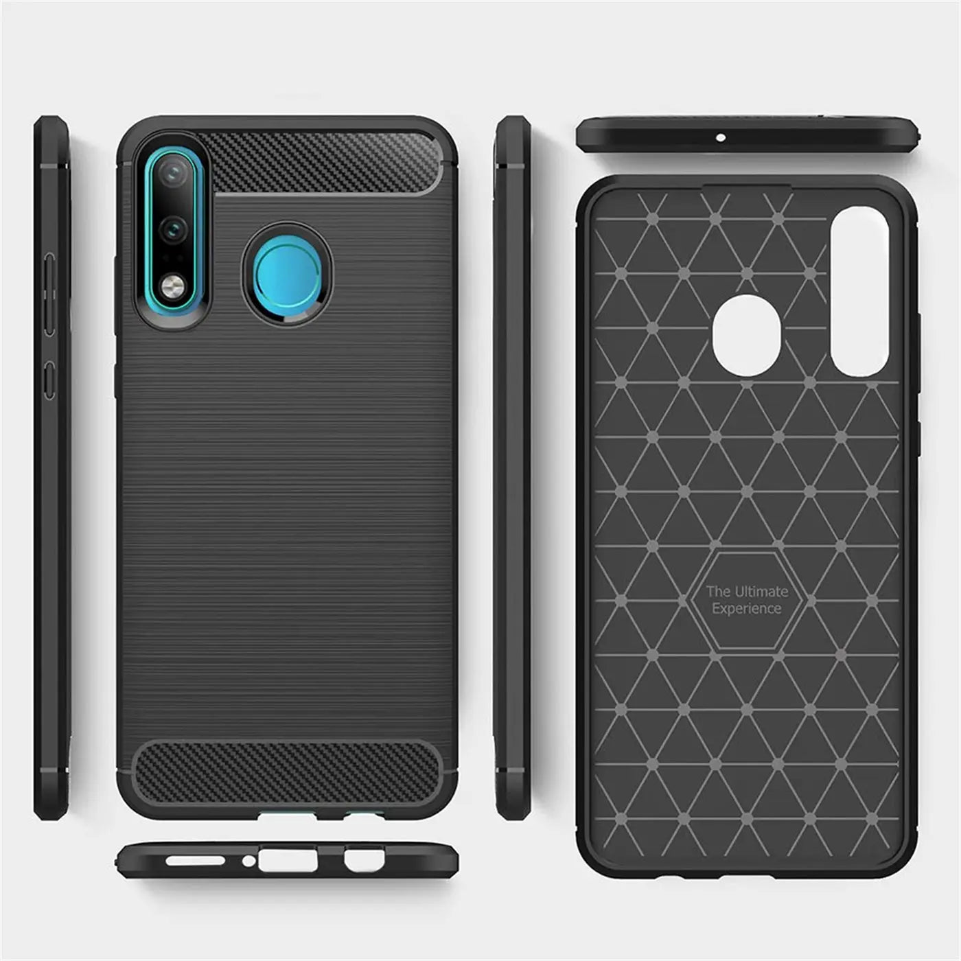 Schwarze Carbon-Hülle für Huawei P30 Lite, Vorder- und Rückansicht, Stoßfest