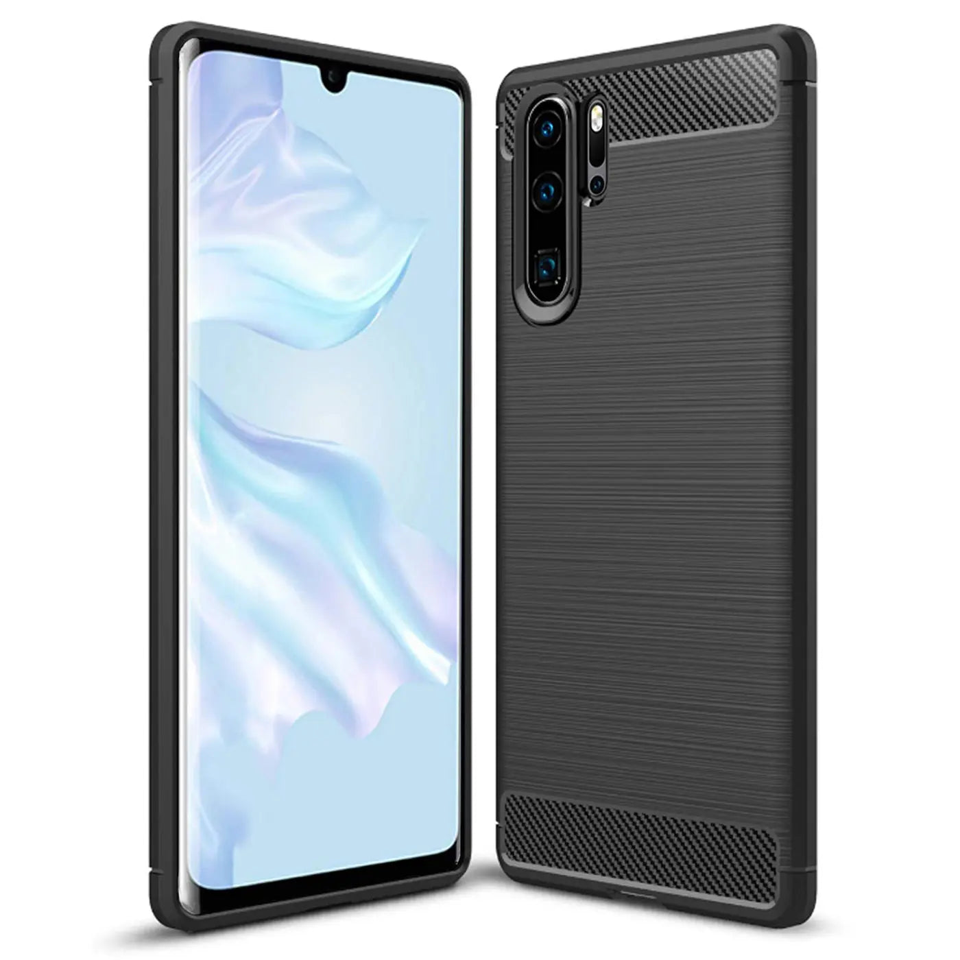 Schwarze Carbon-Hülle für Huawei P30 Pro, von vorne und hinten gezeigt, aus leichtem Material.