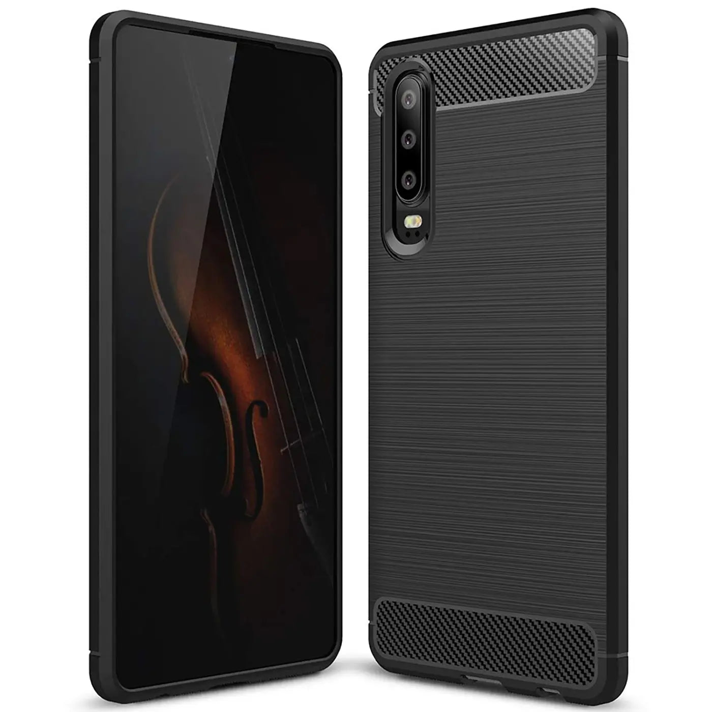 Schwarze Carbon-Hülle für Huawei P30, Rückansicht und Seitenansicht.