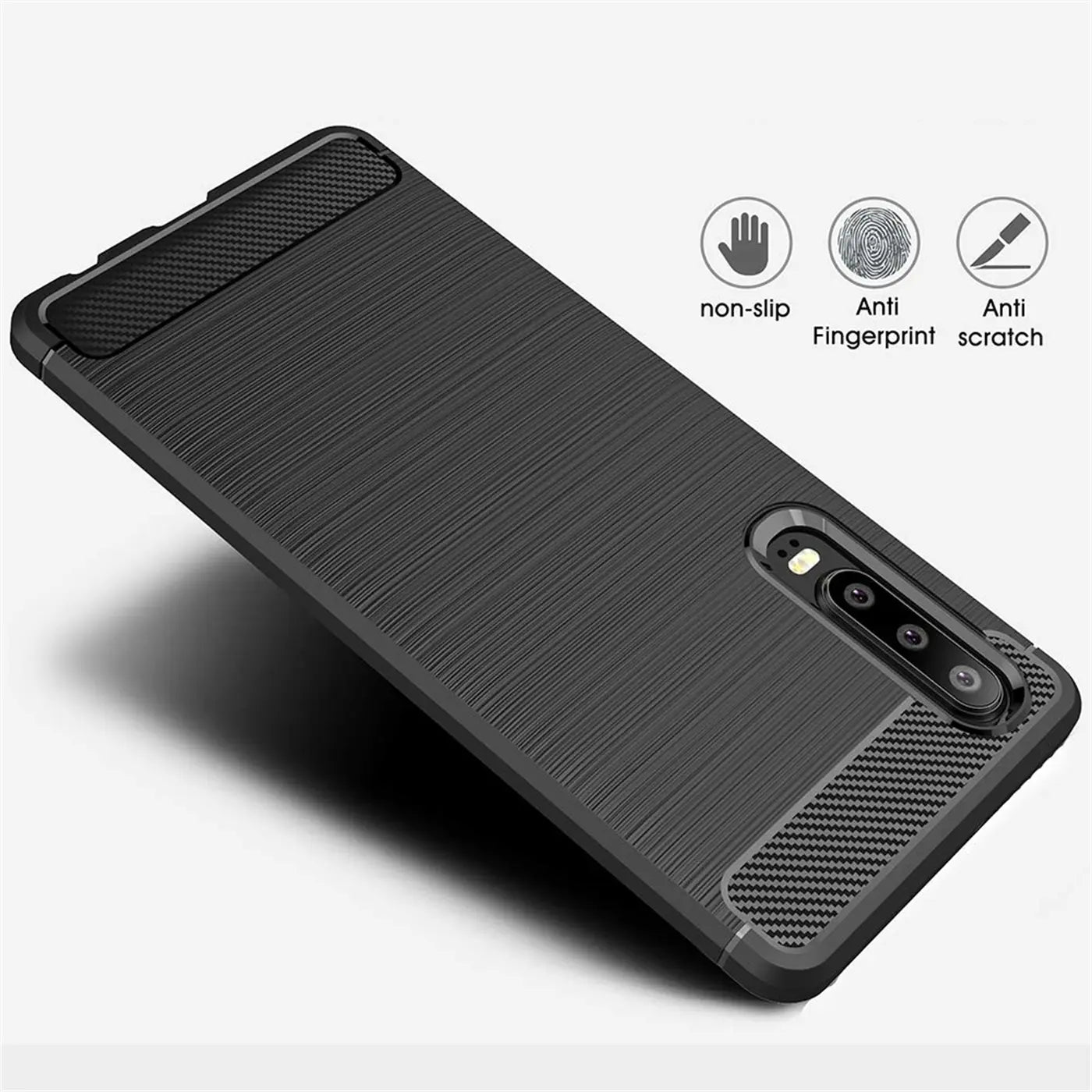 Schwarze Carbon-Hülle für Huawei P30, von schräg oben, Rückseite mit Kamera