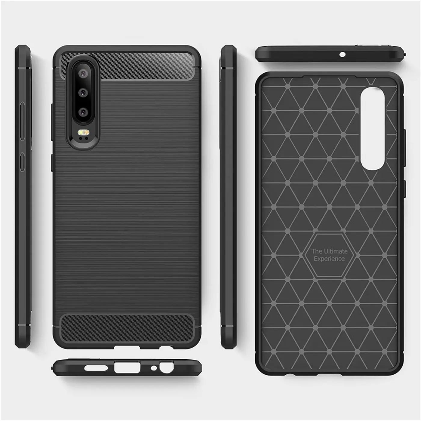 Schwarze Carbon-Hülle für Huawei P30, von vorne, Seite, Rückseite und Unterseite gezeigt.