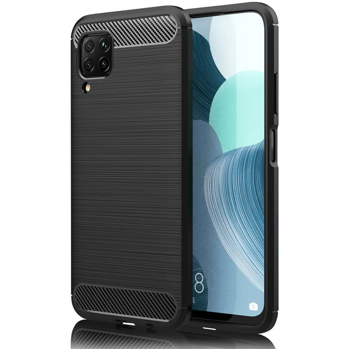 Schwarze Carbon-Hülle für Huawei P40 Lite, von vorne/seitlich, stoßfest.