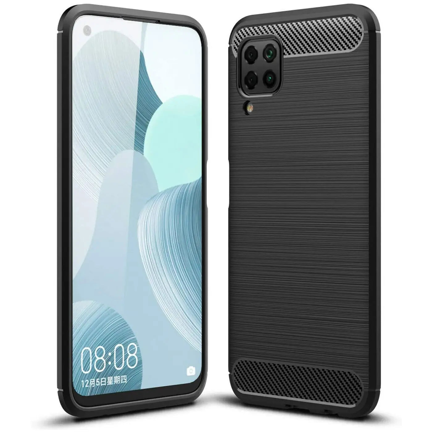 Schwarze Carbon-Hülle mit gebürsteter Textur, Vorder- und Rückansicht, Huawei P40 Lite.