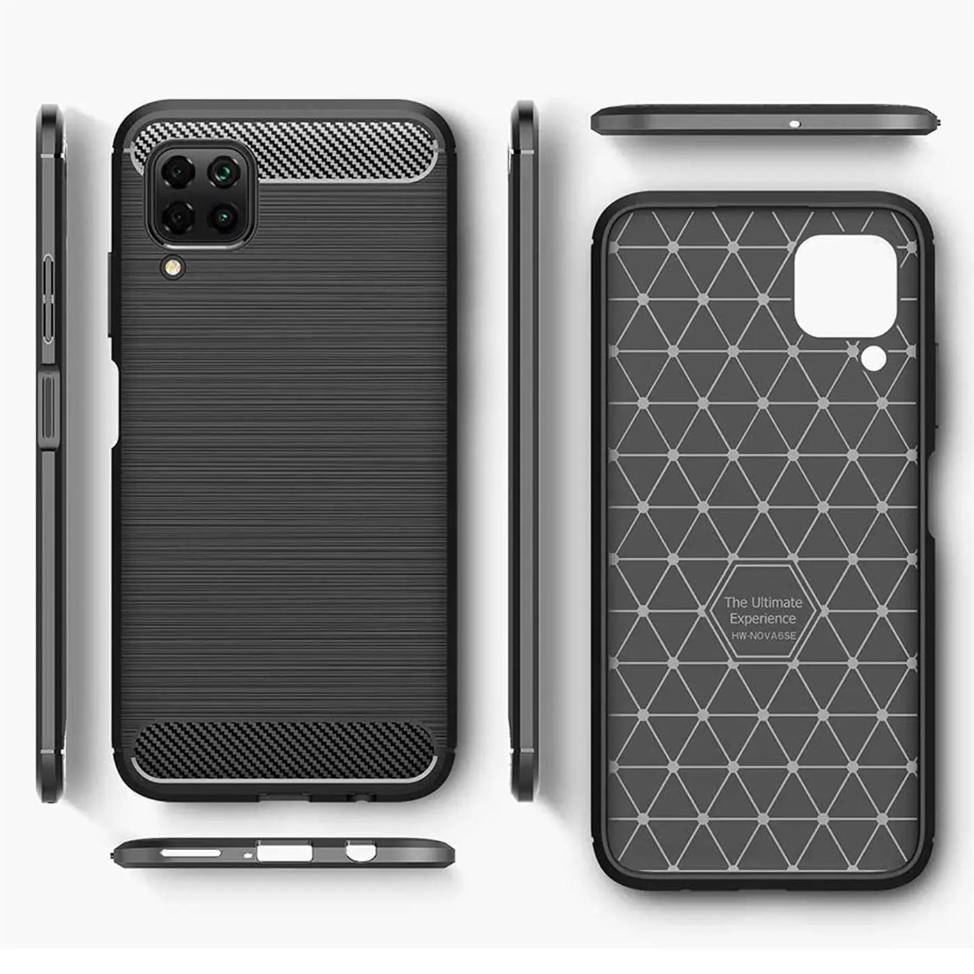 Schwarze Carbon-Hülle für Huawei P40 Lite, von vorne, Seite, Rückseite.