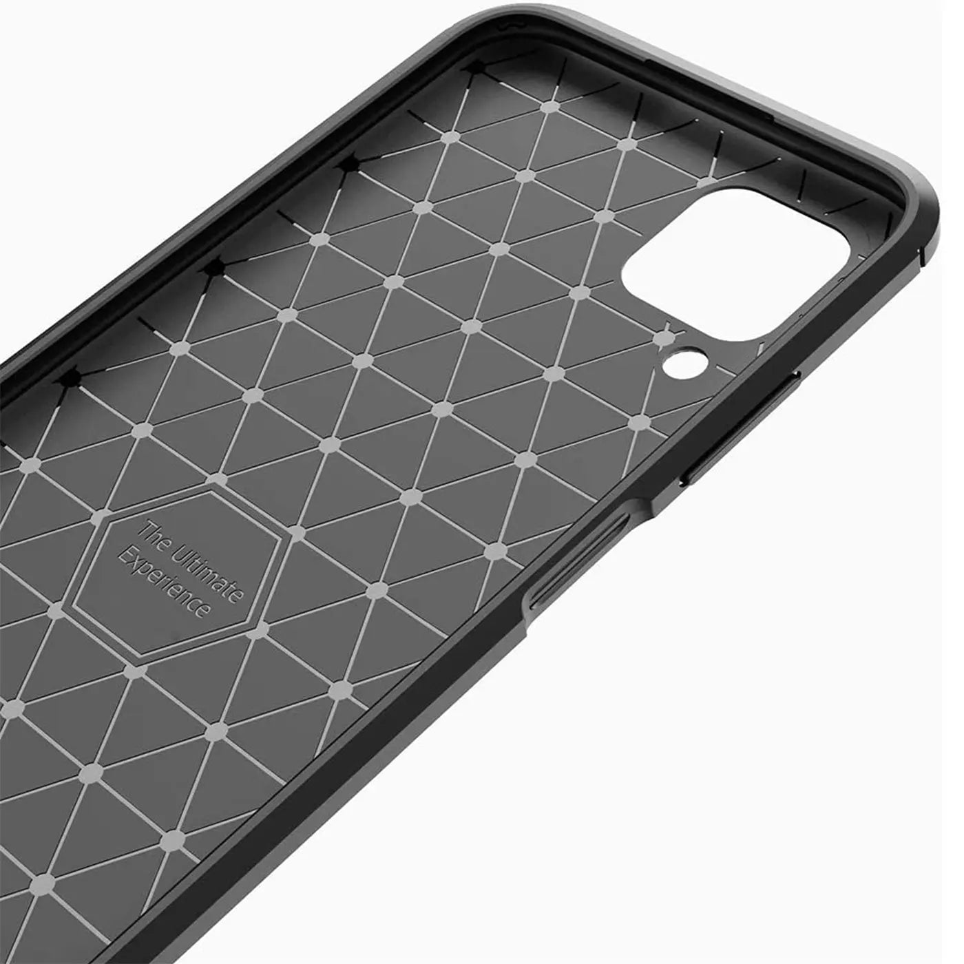 Schwarze Carbon-Hülle, Innenansicht, Ausschnitt für Kamera Huawei P40 Lite.