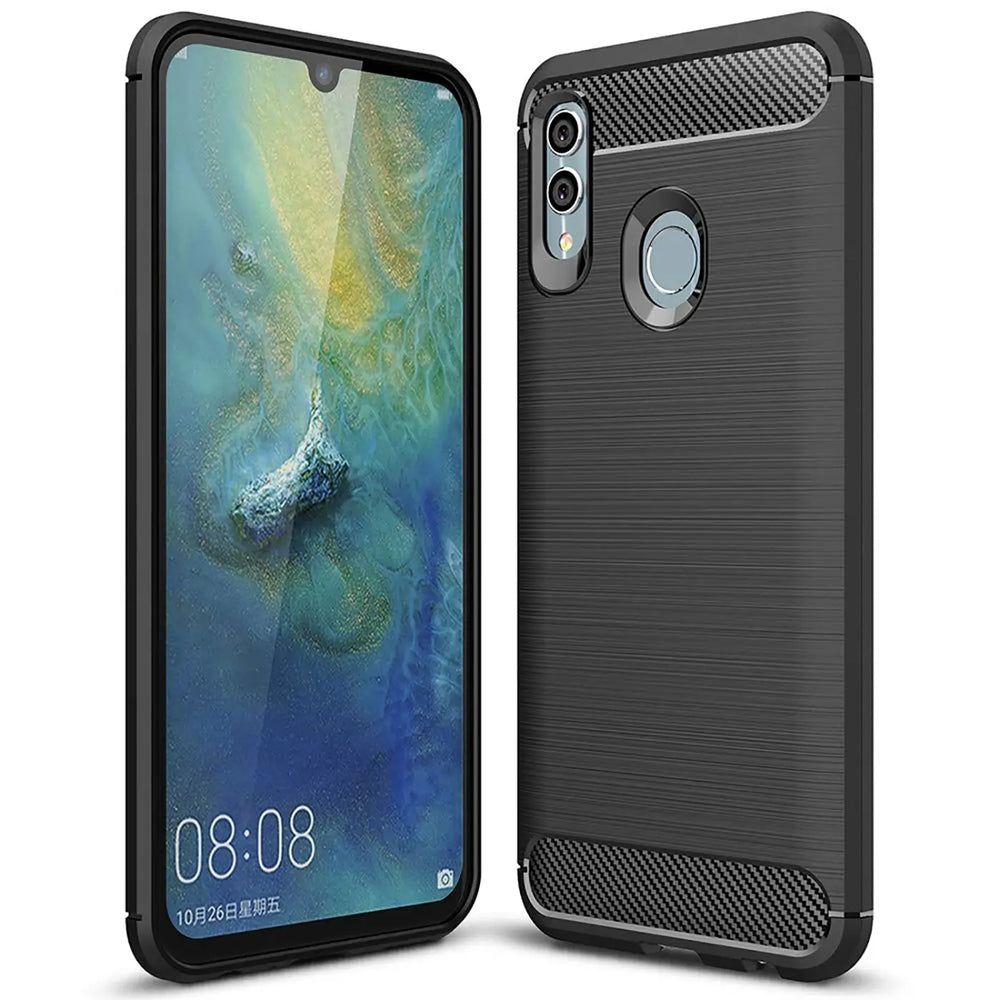 Schwarze Carbon-Hülle für Huawei P Smart 2019, von vorne und von hinten gezeigt.