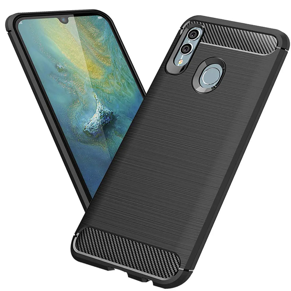Schwarze Carbon-Hülle, von schräg oben, mit Huawei P Smart 2019.