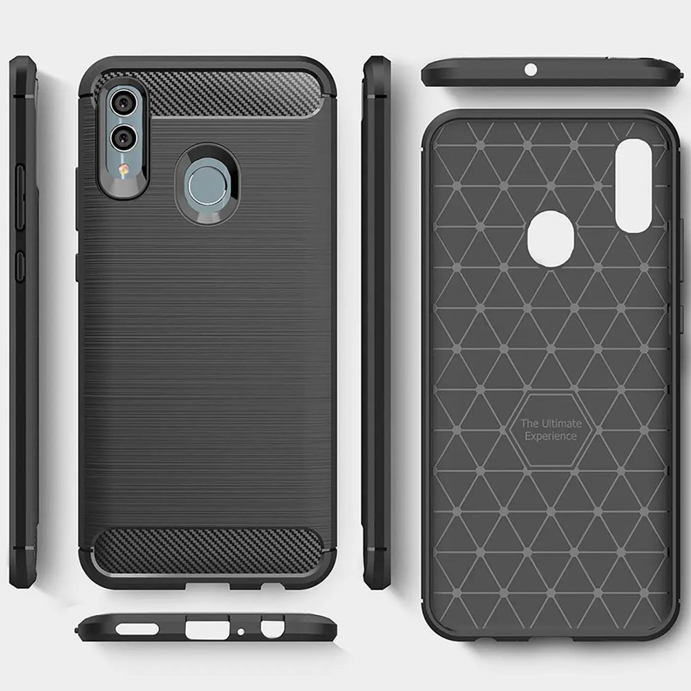 Schwarze Carbon-Hülle für Huawei P Smart 2019, von vorne, Seite, Rückseite, Unterseite