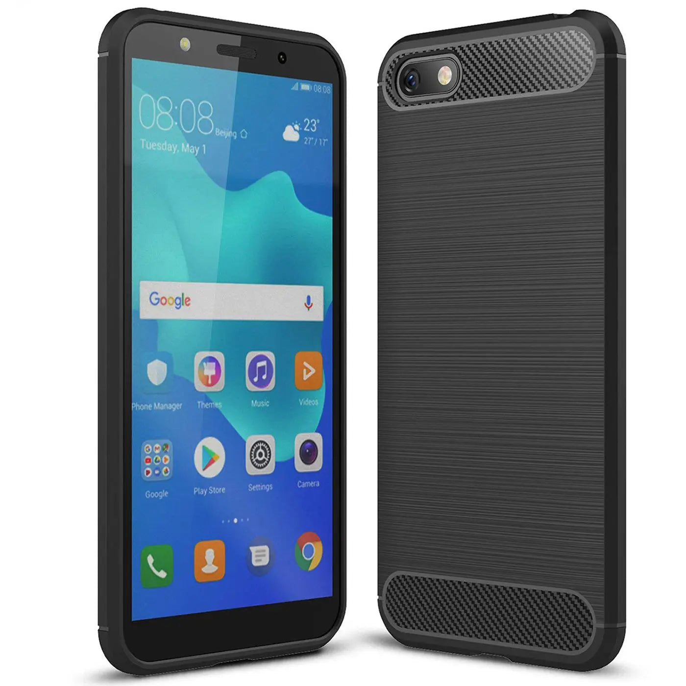 Schwarze Carbon-Hülle für Huawei Y5 2018, von vorne und hinten gezeigt.