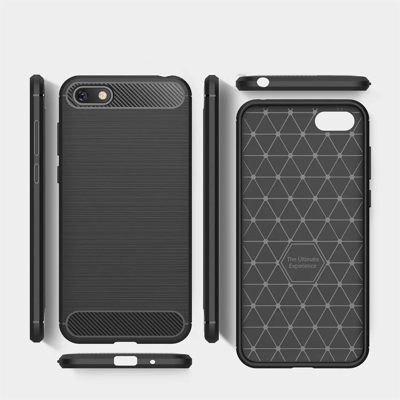 Schwarze Carbon-Hülle, Vorder- und Rückansicht, mit Huawei Y5 2018.