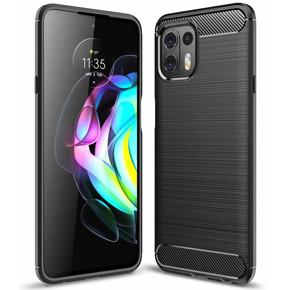 Schwarze Carbon-Hülle für Motorola Edge 20 Lite, von vorne und hinten gezeigt.