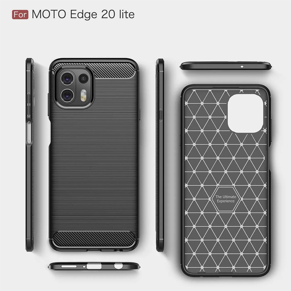 Schwarze Carbon-Hülle für Motorola Edge 20 Lite, von vorne, Seite, oben und innen gezeigt.