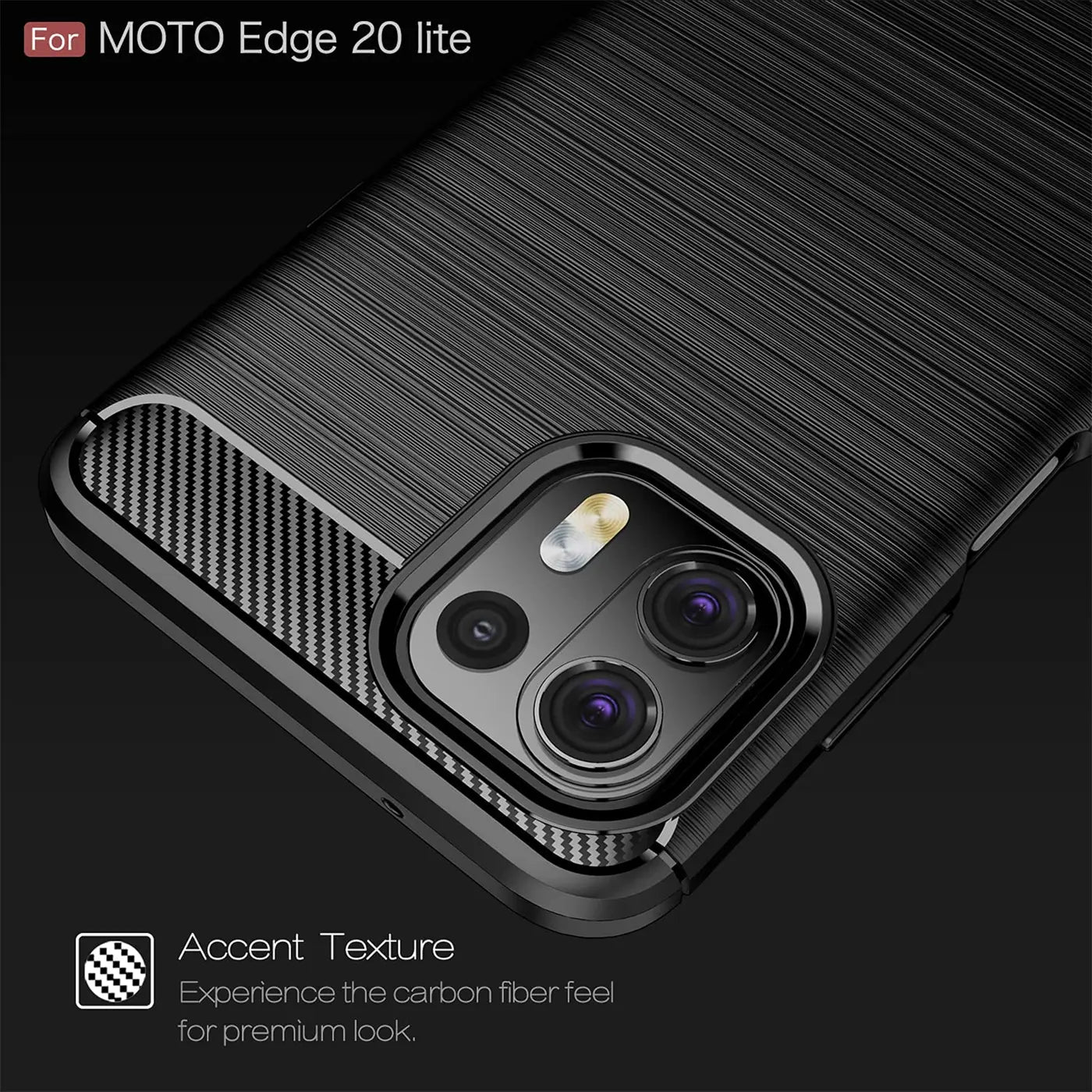 Schwarze Carbon-Hülle mit gebürsteter Textur, Nahaufnahme der Kamera, für Motorola Edge 20 Lite.