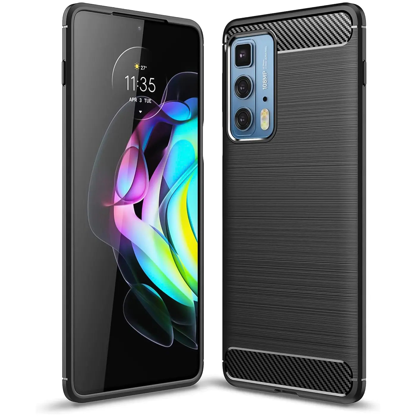 Motorola Edge 20 Pro in schwarzer Carbon-Hülle, von vorne und hinten gezeigt.