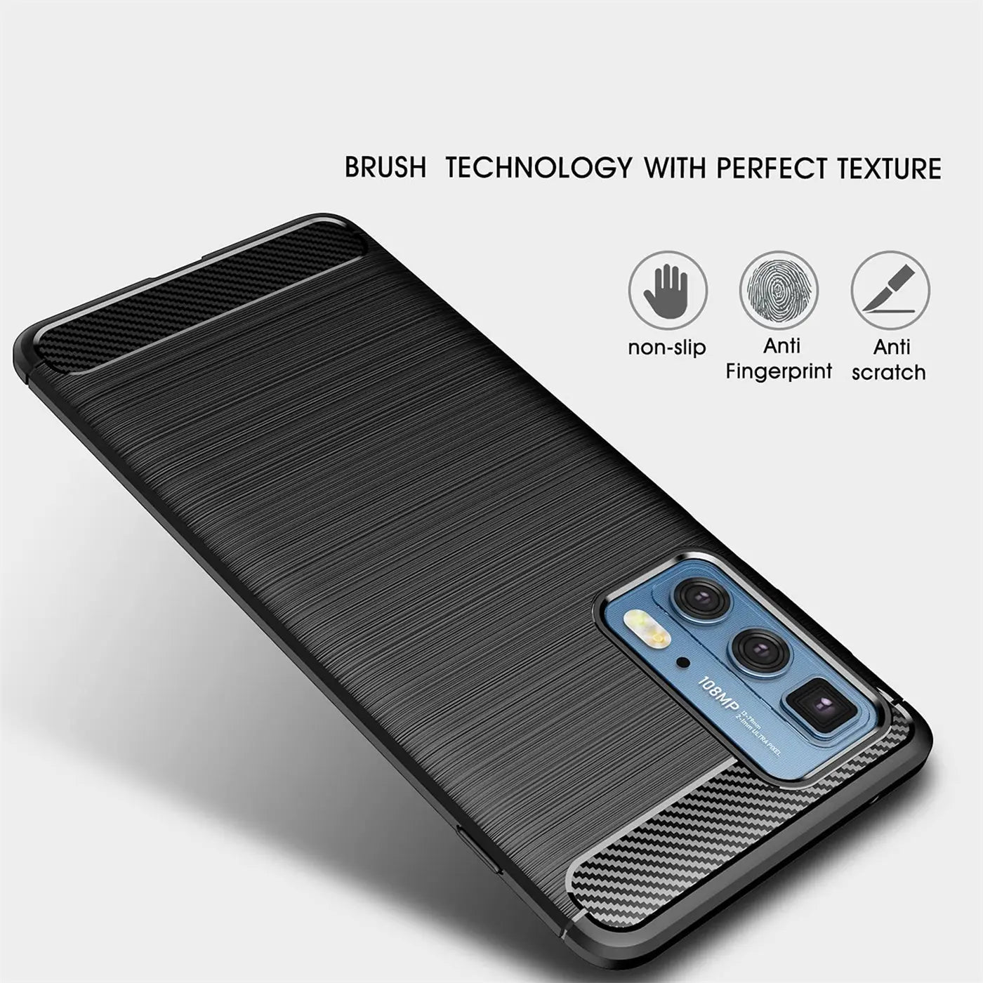 Schwarze Carbon-Hülle mit gebürsteter Textur für Motorola Edge 20 Pro, von schräg oben
