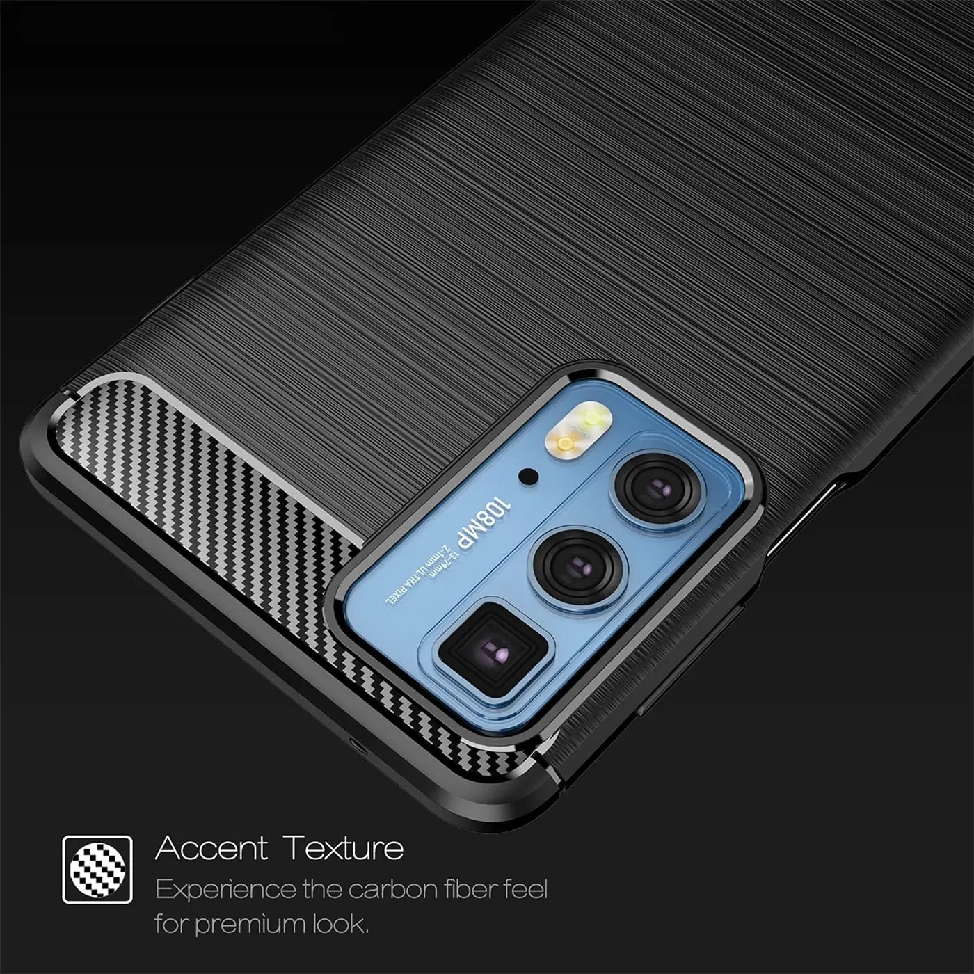 Schwarze Carbon-Hülle mit Bürstenstruktur, Nahaufnahme, Motorola Edge 20 Pro Kamera.