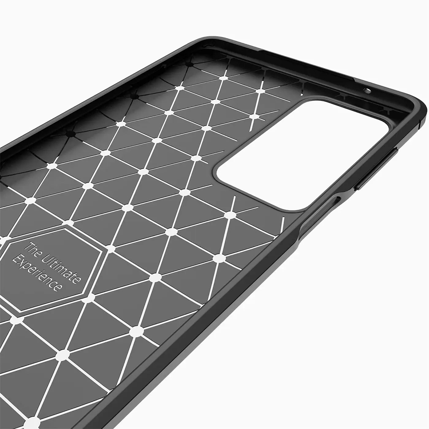 Schwarze Carbon-Hülle, Innenseite mit geometrischem Muster, für Motorola Edge 20 Pro.