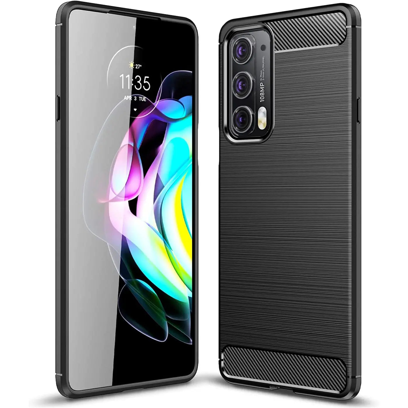 Schwarze Carbon-Hülle, von vorne und hinten, für Motorola Edge 20.