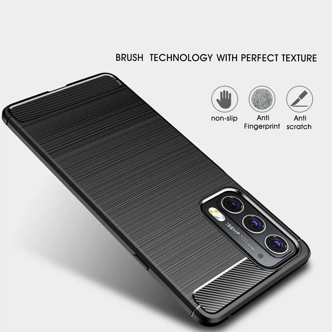 Schwarze Carbon-Hülle für Motorola Edge 20, von schräg oben.