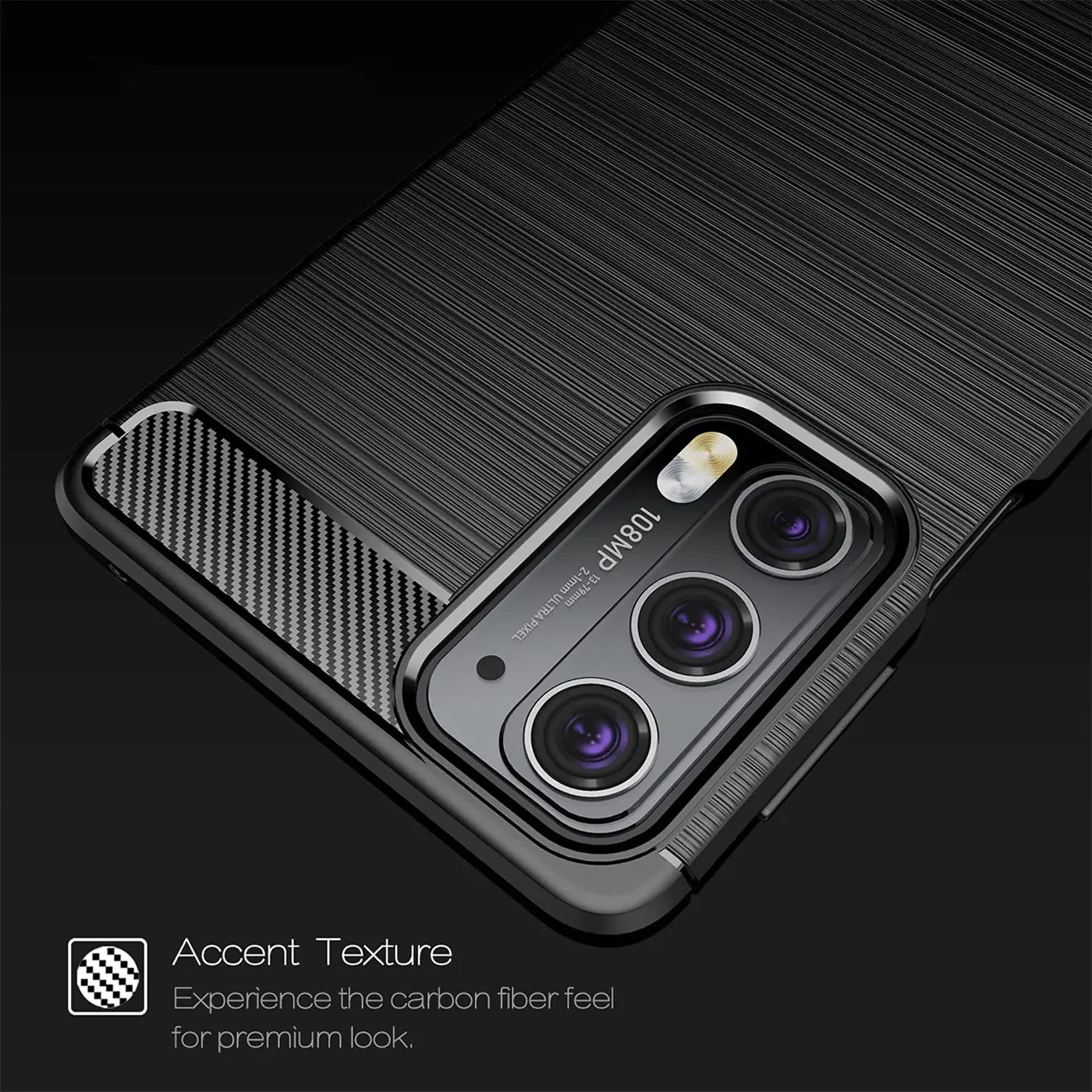 Schwarze Carbon-Hülle mit gebürsteter Textur für Motorola Edge 20, Nahaufnahme von hinten