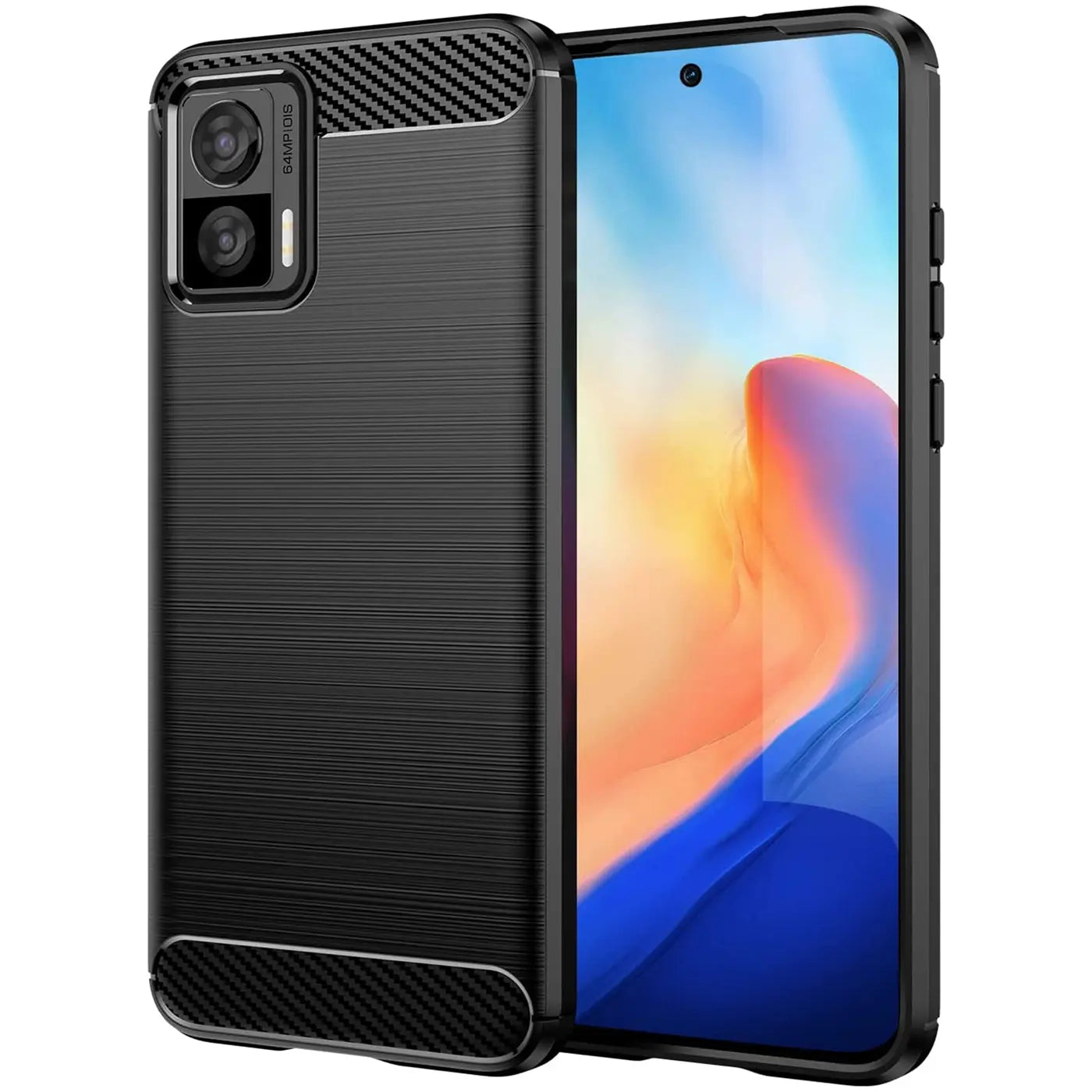 Schwarze Carbon-Hülle mit gebürsteter Textur, seitliche Ansicht, Motorola Edge 30 Neo.
