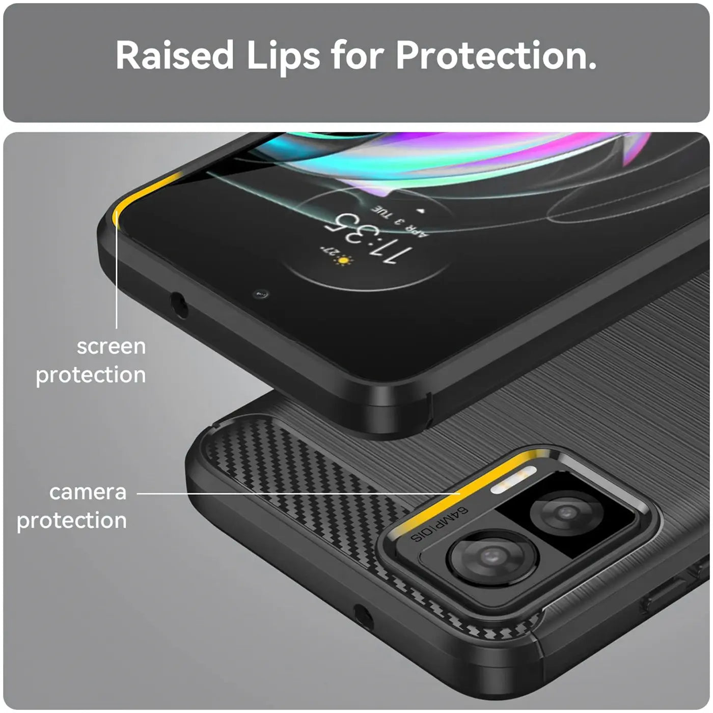 Schwarze Carbon-Hülle mit gelbem Rand, Nahaufnahme, Motorola Edge 30 Neo mit Display und Kamera