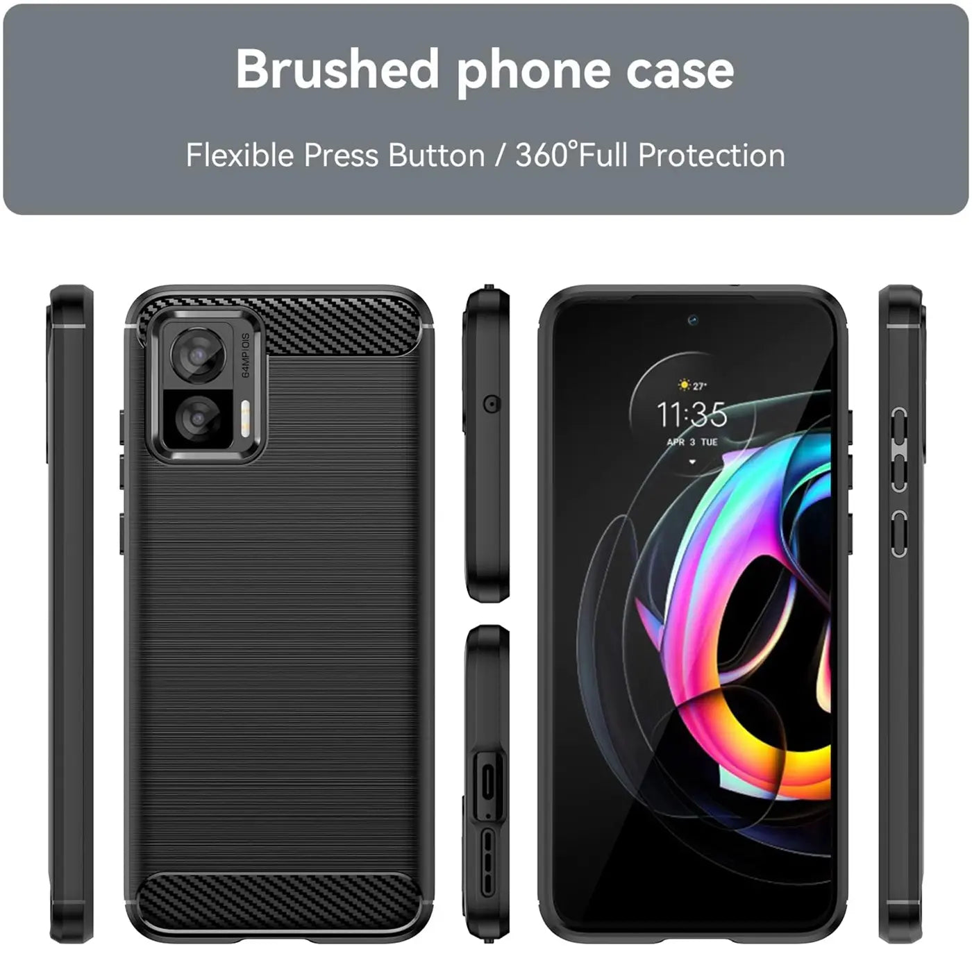 Schwarze Carbon-Hülle, von vorne, hinten und Seitenansicht, mit Motorola Edge 30 Neo.
