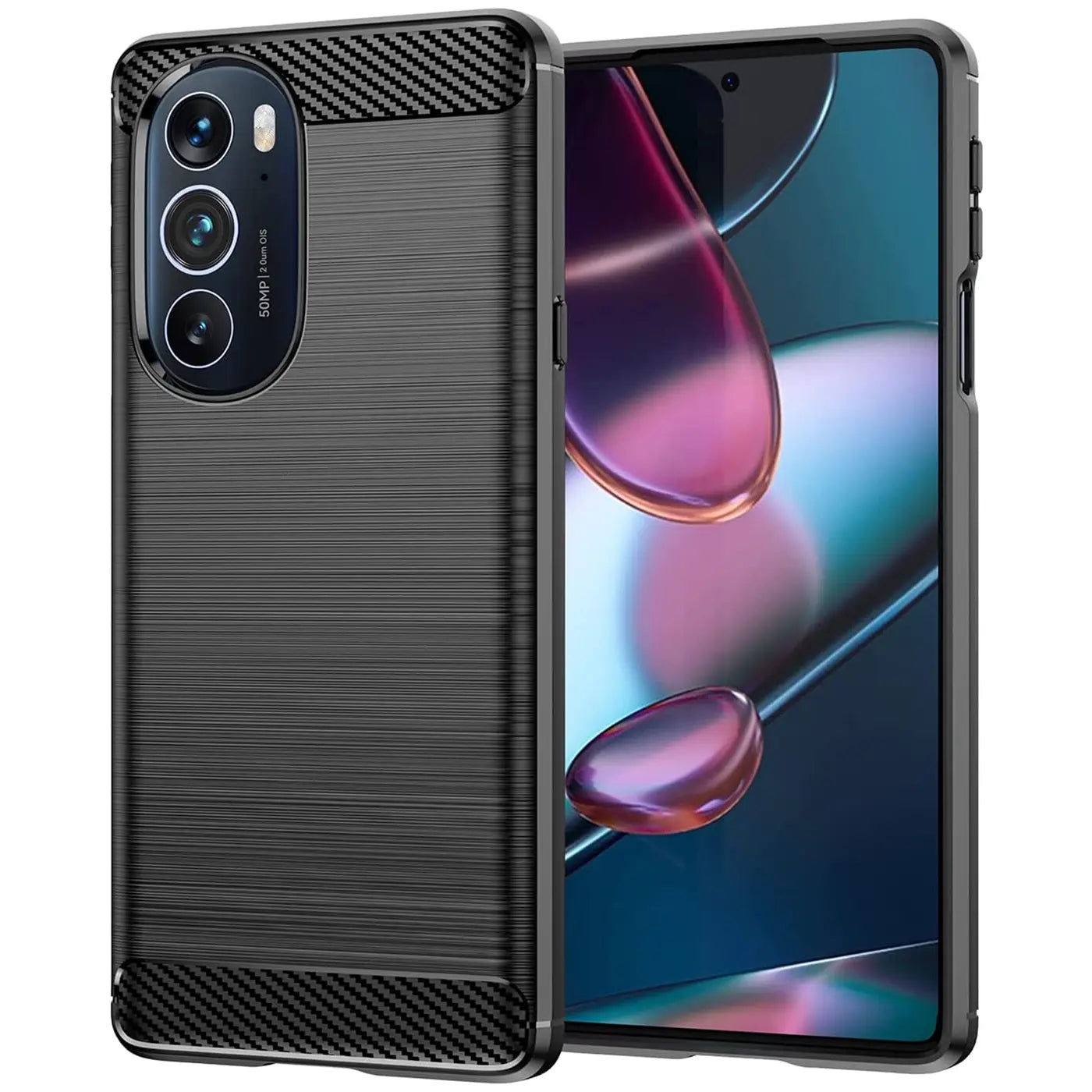 Dunkelgraue Carbon-Hülle mit gebürsteter Oberfläche, Motorola Edge 30 Pro.