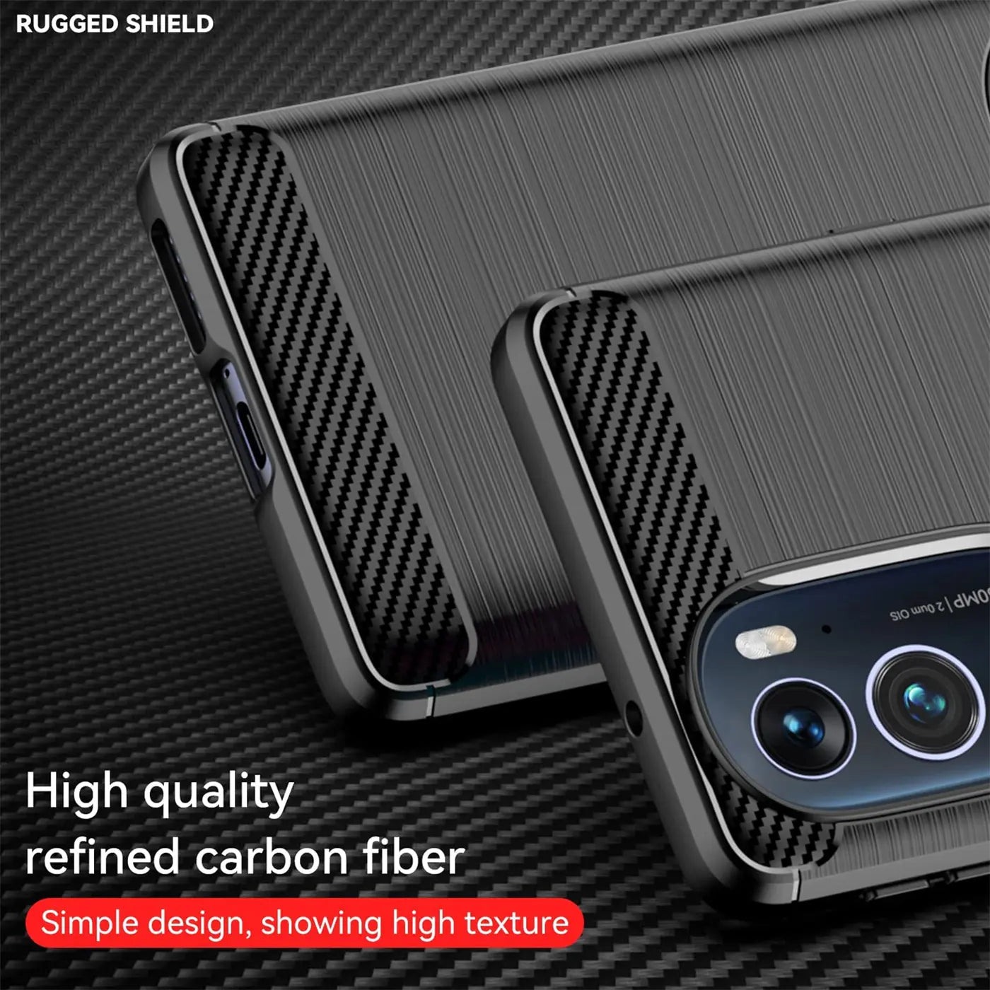 Graue Carbon-Hülle mit Textur, zeigt Motorola Edge 30 Pro Rückseite und Kamera.