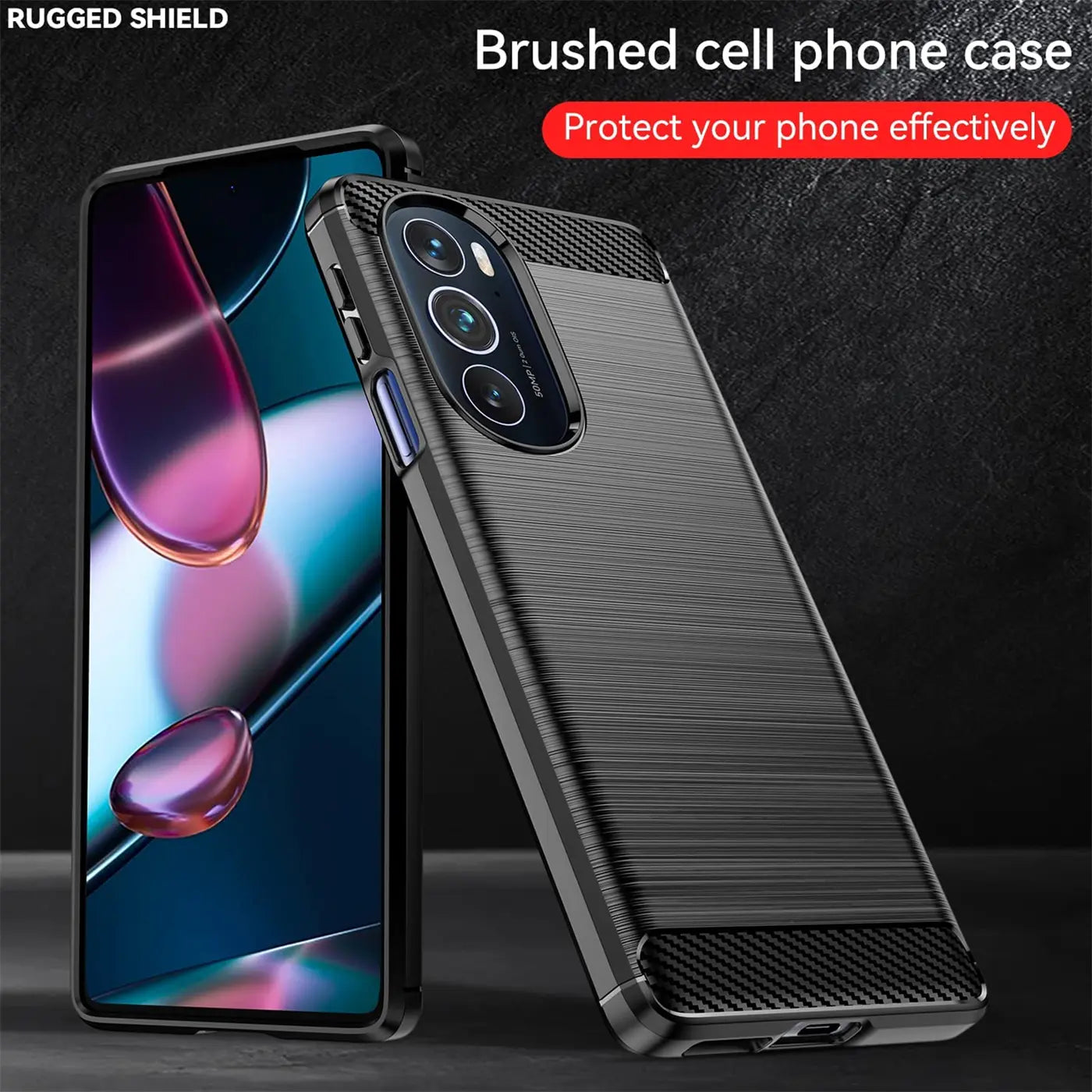 Graue Carbon-Hülle mit gebürsteter Oberfläche, seitliche Ansicht, Motorola Edge 30 Pro.
