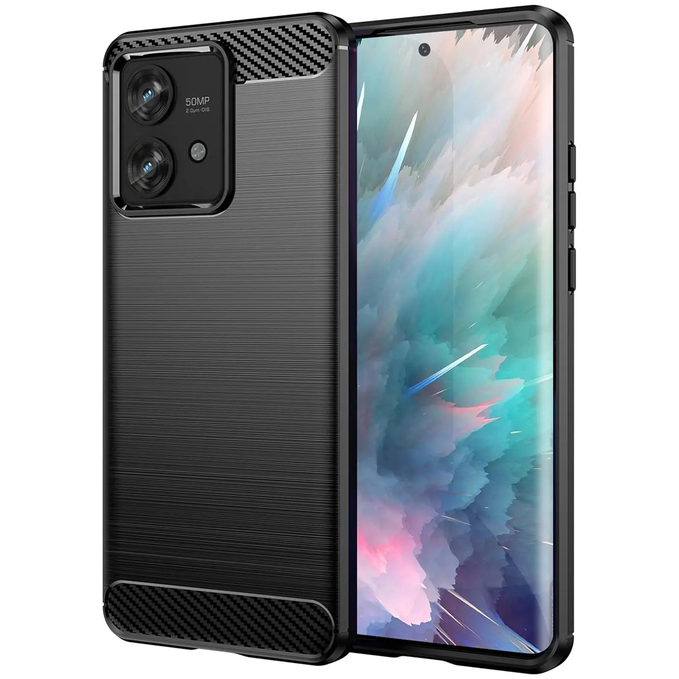 Schwarze Carbon-Hülle mit gebürsteter Oberfläche, seitliche Ansicht, Motorola Edge 40 Neo.