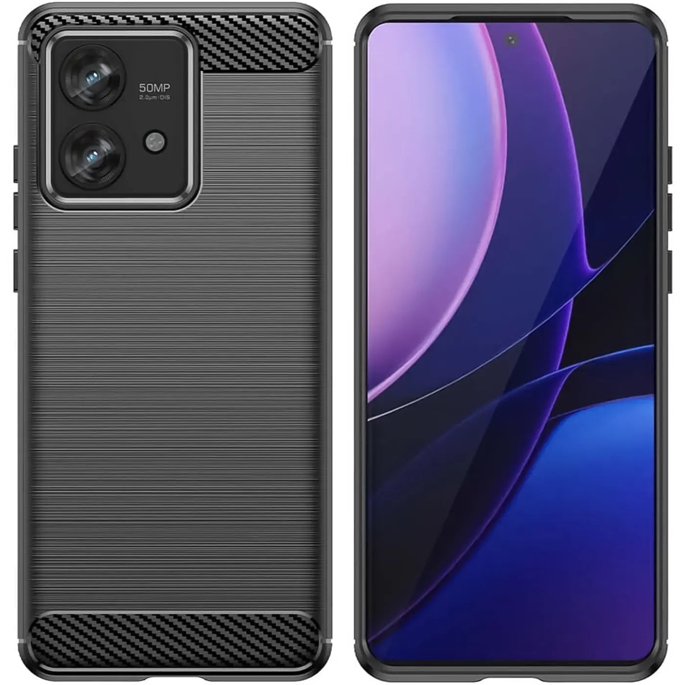 Graue Carbon-Hülle mit gebürsteter Textur für Motorola Edge 40 Neo, Vorder- und Rückansicht.