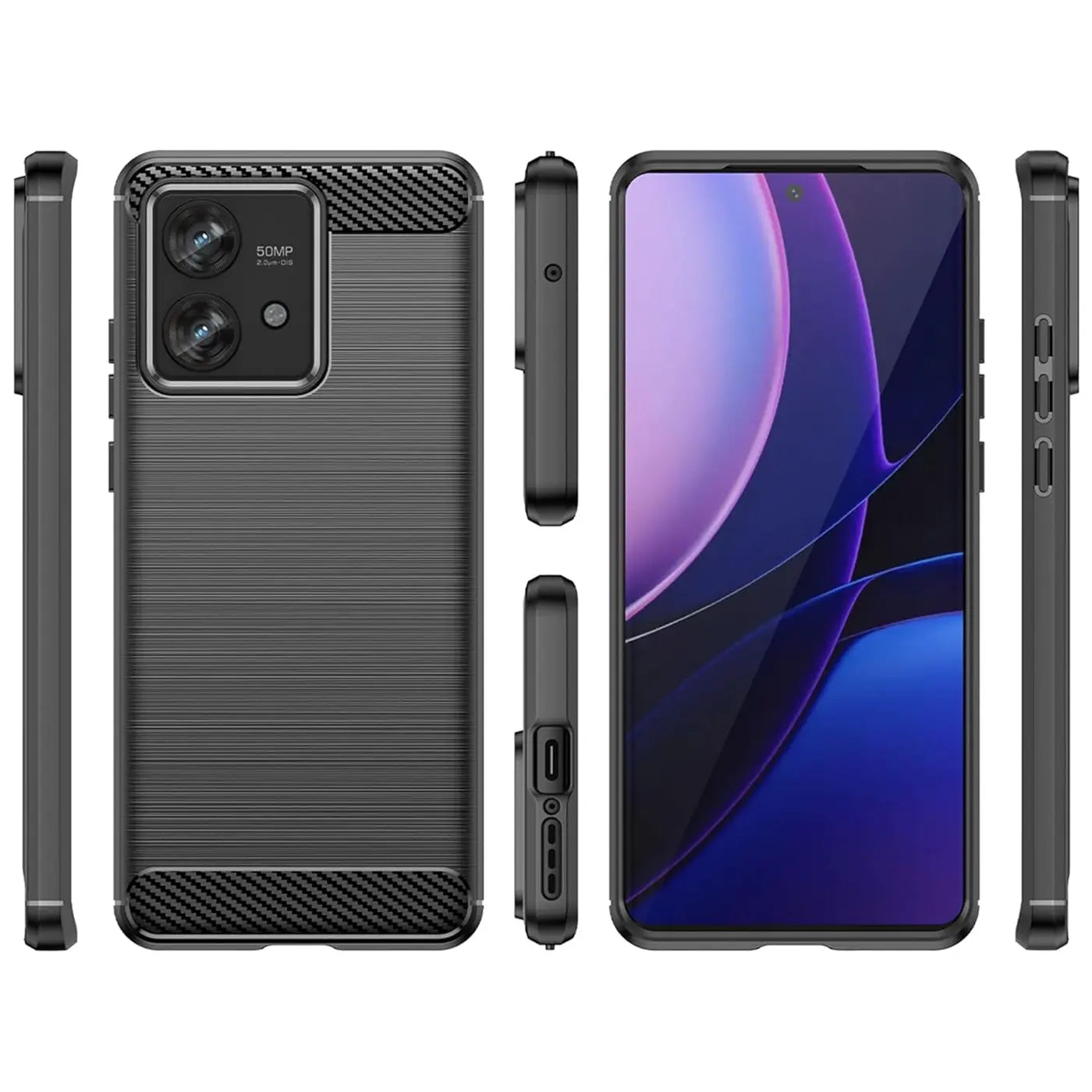 Graue Carbon-Hülle, Vorder- und Rückansicht, Seitenansichten, Motorola Edge 40 Neo.