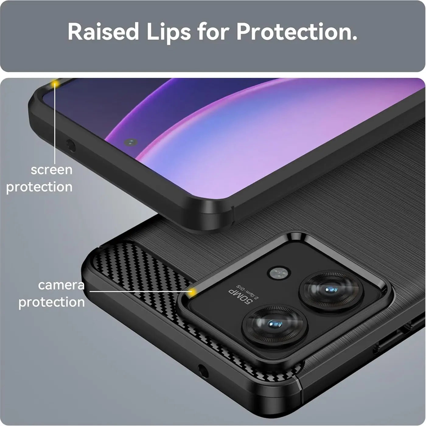 Schwarze Carbon-Hülle für Motorola Edge 40 Neo, Nahaufnahme der Kamera und des Bildschirms.