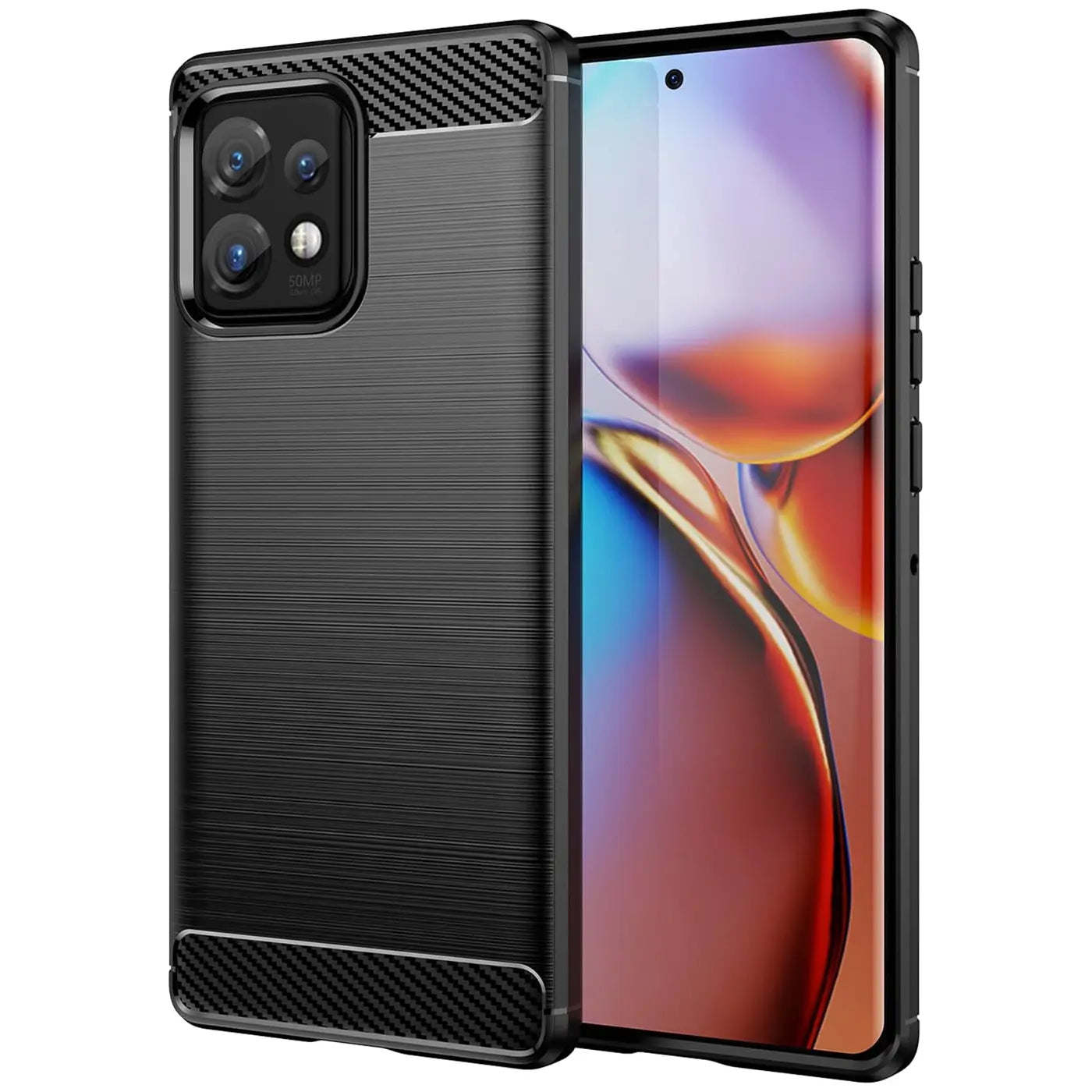 Schwarze Carbon-Hülle mit gebürsteter Textur, seitliche Ansicht, zeigt Motorola Edge 40 Pro.