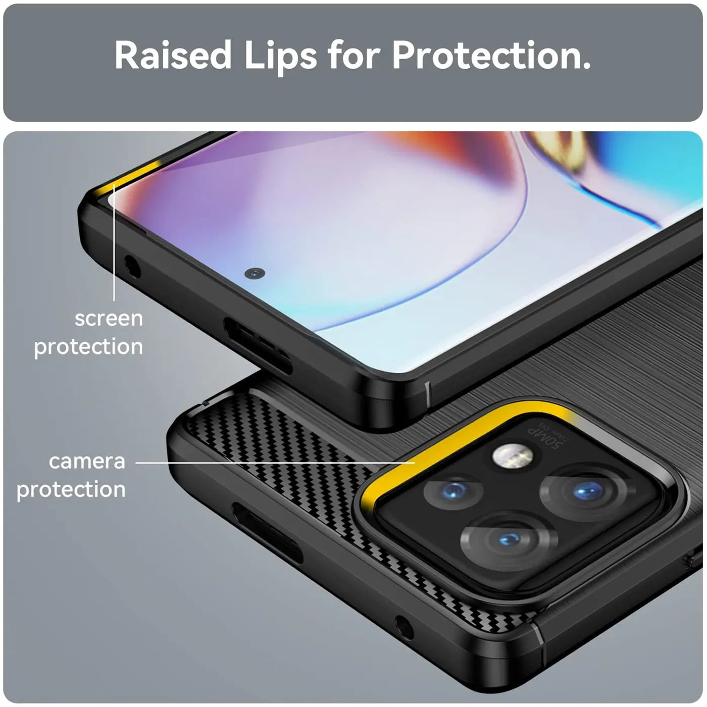 Schwarze Carbon-Hülle mit gelben Akzenten, Nahaufnahme, Motorola Edge 40 Pro.