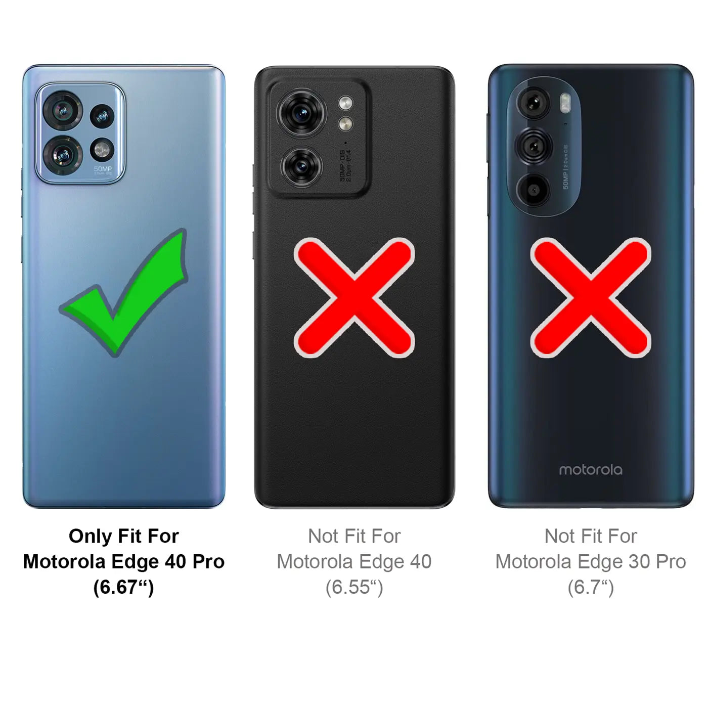 Drei Rückseiten von Motorola Handys, eins mit Häkchen, zwei mit Kreuzen.