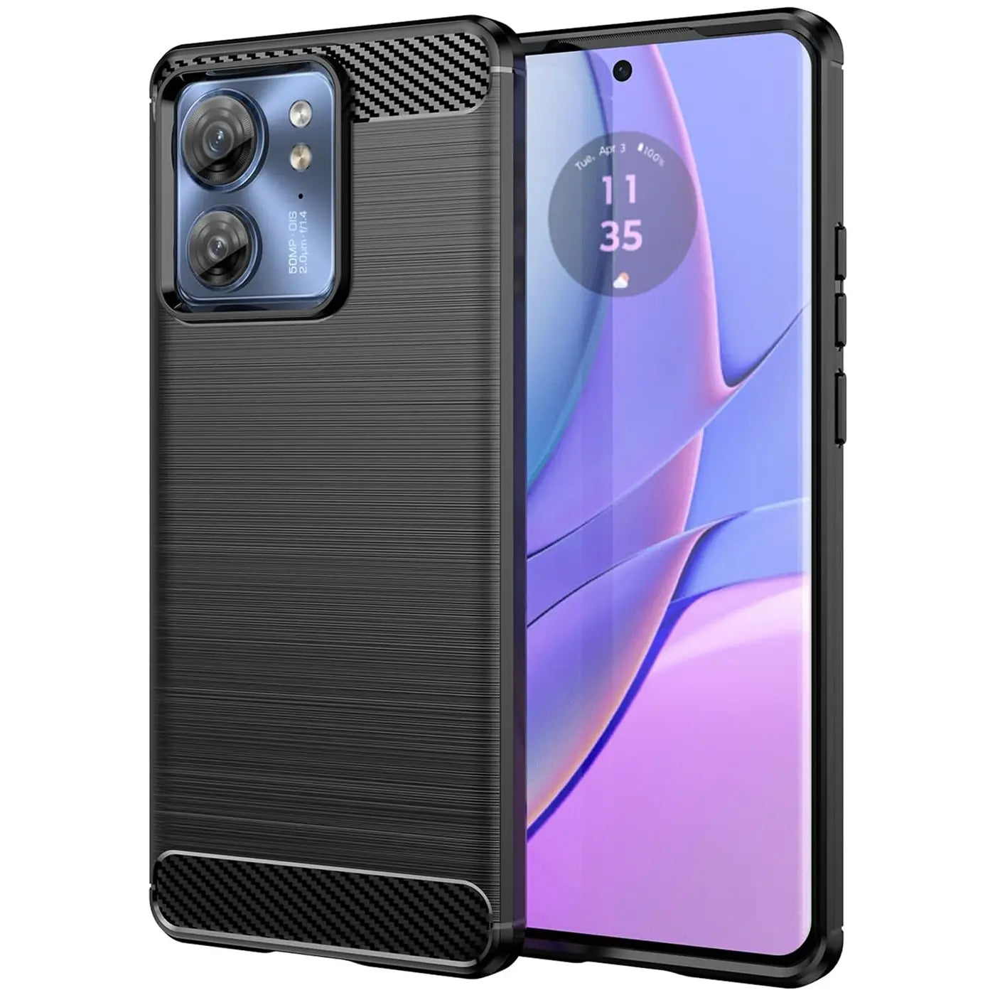 Schwarze Carbon-Hülle mit gebürsteter Textur, schützt Motorola Edge 40.