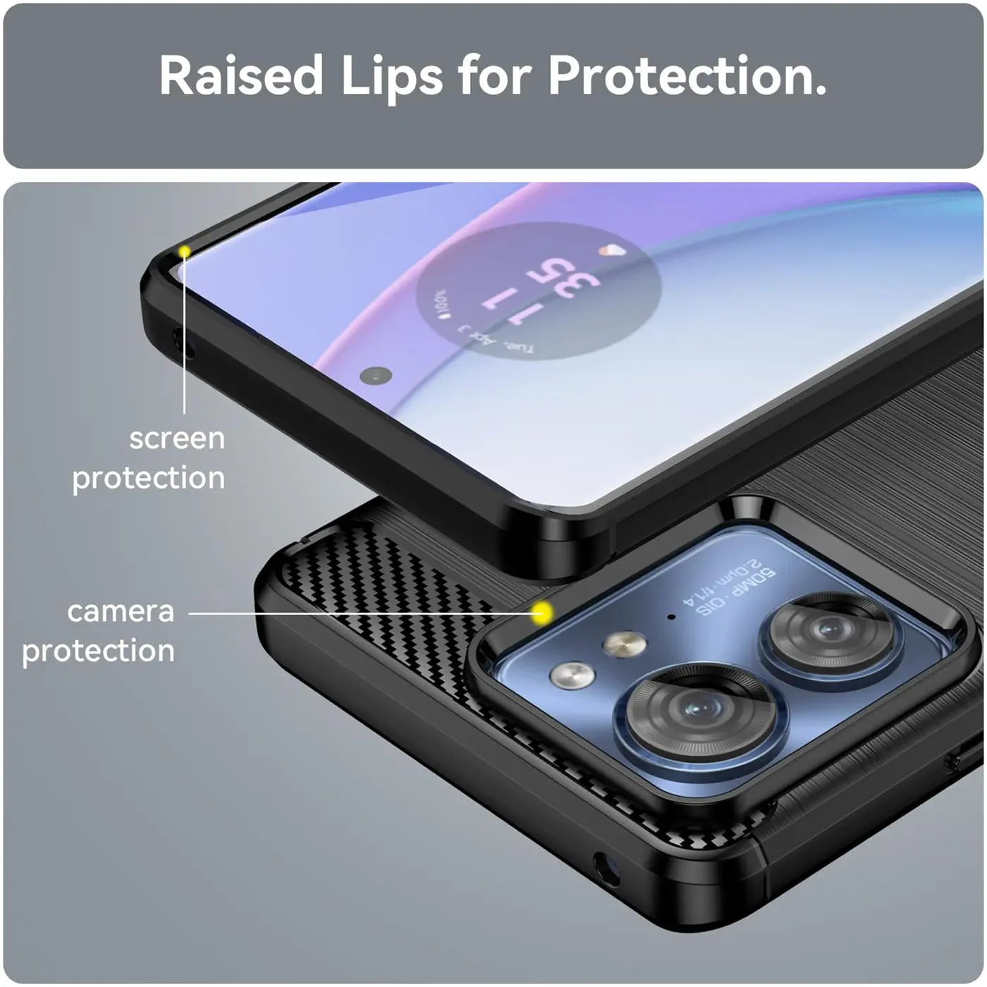 Schwarze Carbon-Hülle mit erhöhtem Rand schützt Motorola Edge 40 Kamera und Display.