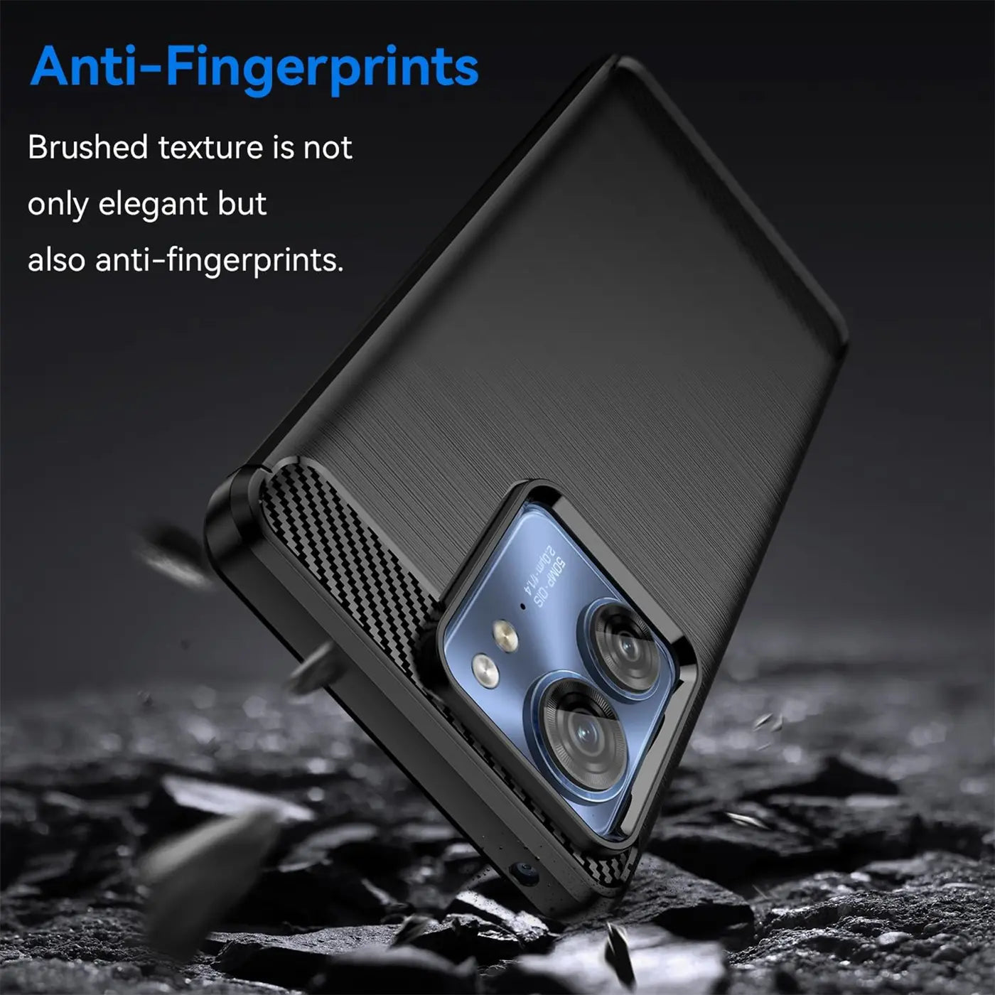 Schwarze Carbon-Hülle mit gebürsteter Textur, schützt Motorola Edge 40, Seitenansicht.