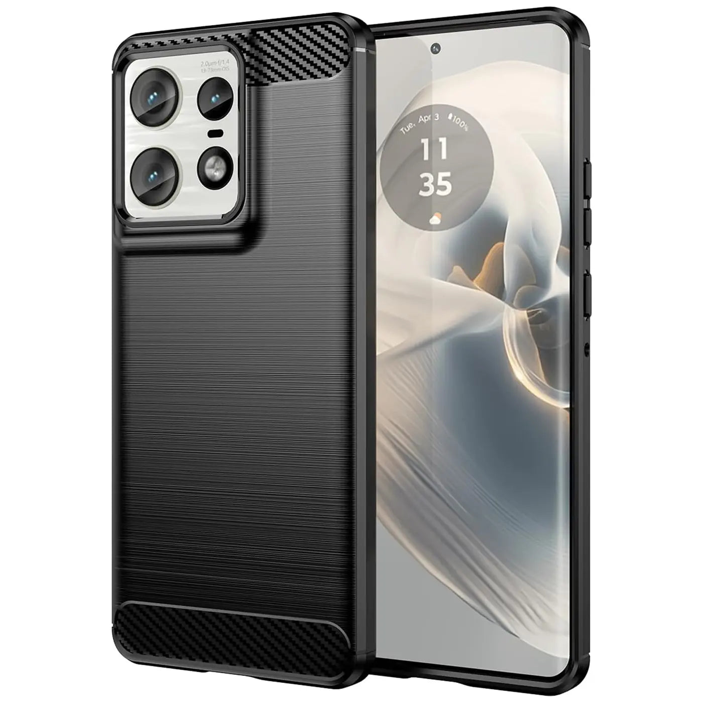 Schwarze Carbon-Hülle mit gebürsteter Oberfläche, zeigt Motorola Edge 50 Pro von schräg vorne.