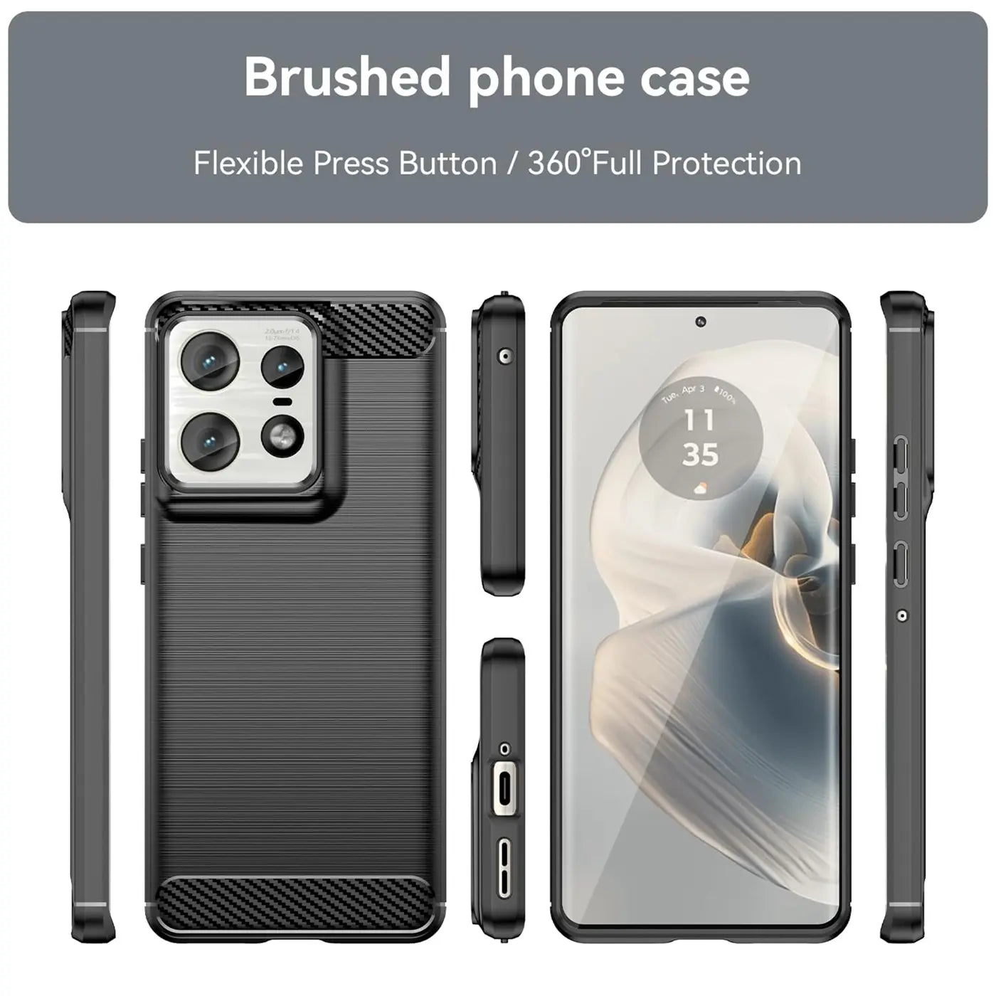Schwarze Carbon-Hülle für Motorola Edge 50 Pro, verschiedene Ansichten.