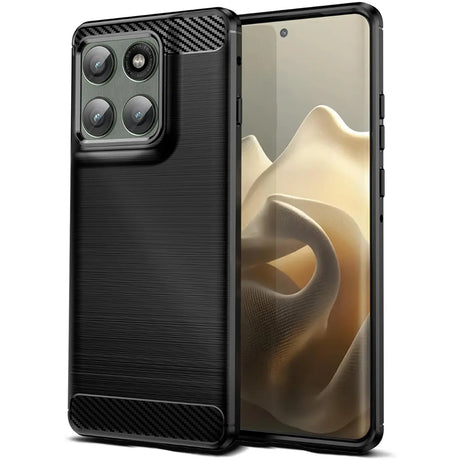 Schwarze Carbon-Hülle mit gebürstetem Finish, schützt Motorola Edge 60 Pro.