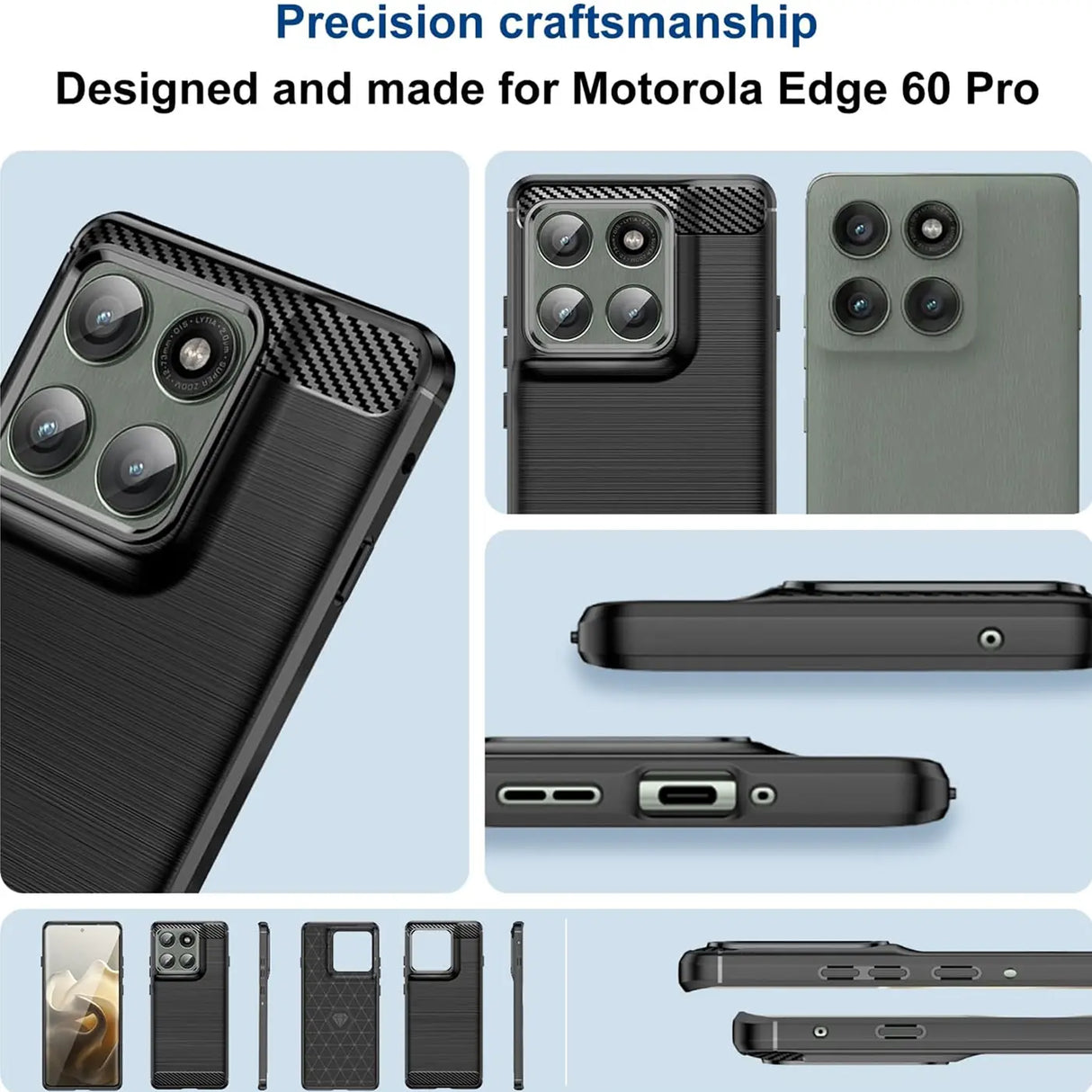 Schwarze Carbon-Hülle für Motorola Edge 60 Pro, Nahaufnahme, Rückseite, Seitenansicht