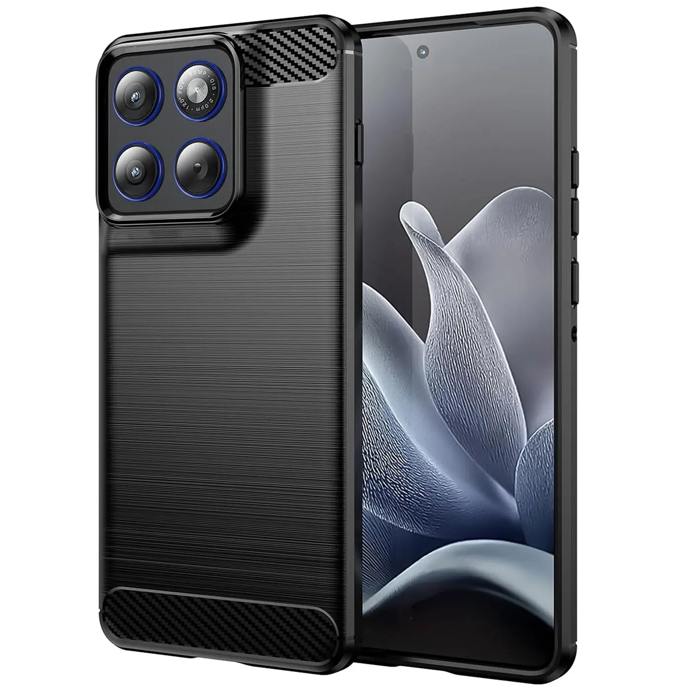 Schwarze Carbon-Hülle mit gebürsteter Oberfläche, von vorne/seitlich, zeigt Motorola Edge 70.