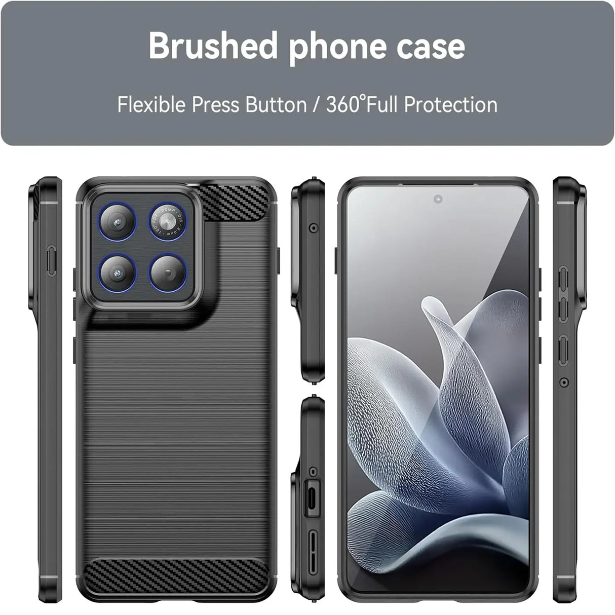 Dunkelgraue Carbon-Hülle, von vorne, hinten und Seite, mit Motorola Edge 70.
