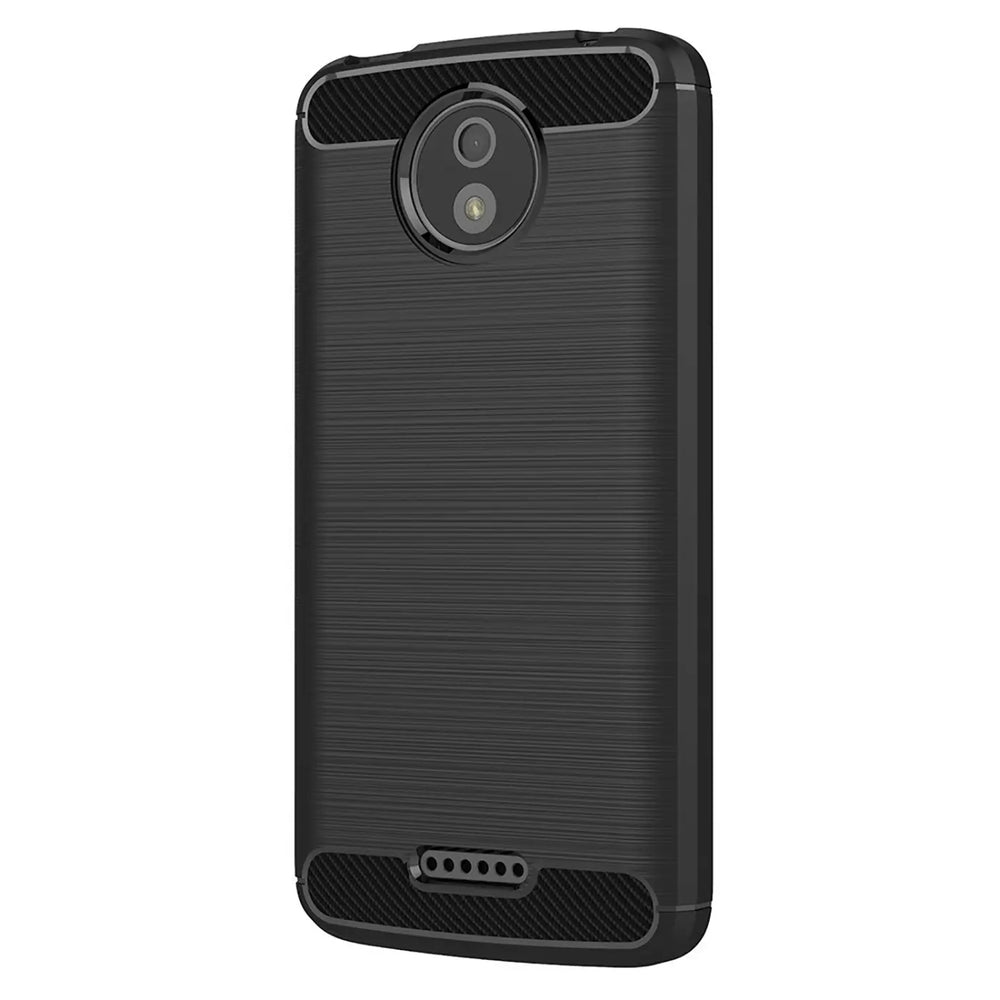 Schwarze Carbon-Hülle für Motorola Moto C Plus, Rückansicht, gebürstete Oberfläche.