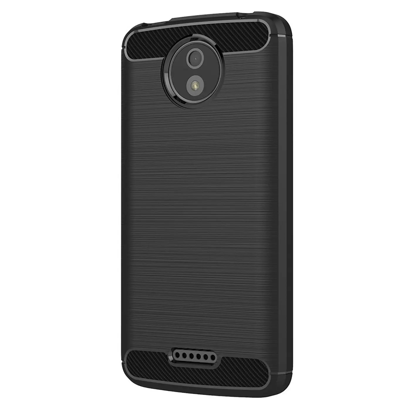 Schwarze Carbon-Hülle für Motorola Moto C Plus, Rückansicht, gebürstete Oberfläche.
